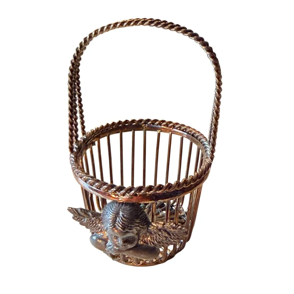 Vintage Silver Tone Miniature Cherub Angel Wire Basket Decorative Trinket Dish